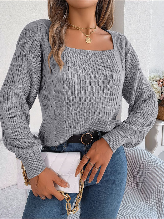Color-Gray-Autumn Winter Casual Solid Color Square Collar Twist Lantern Sleeve Knitted Pullover Sweater Women Clothing-Fancey Boutique