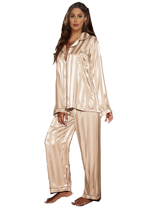 Color-Gold-Jacquard Wide Stripe Home Wear Set Pajamas Women Supply Satin Cardigan Long Sleeve-Fancey Boutique