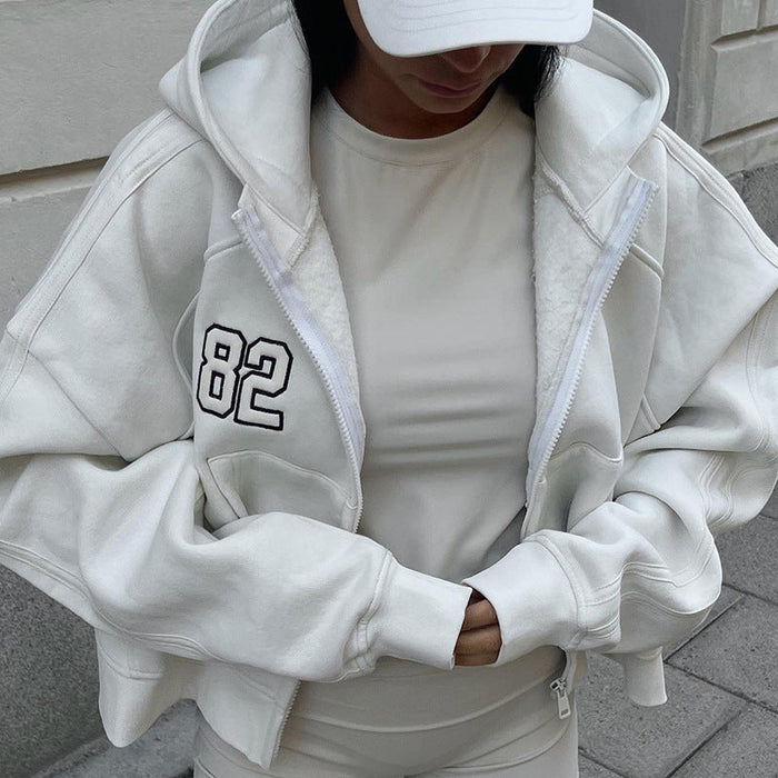 Color-Simple Basic All Match Letters Printed Loose Hooded Long Sleeve Zipper Pocket Sweater Coat Women-Fancey Boutique