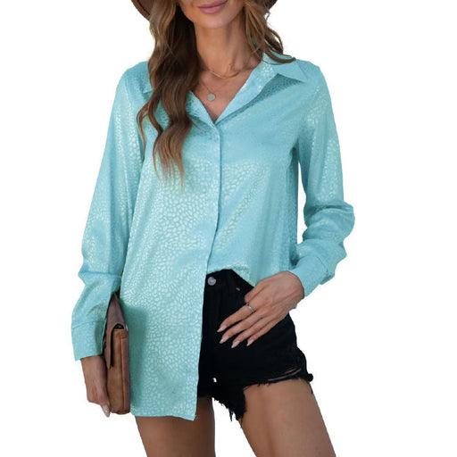 Color-skyblue-Women Shirt Autumn Comfort Satin Gravel Pattern Long Sleeve Loose Women Top-Fancey Boutique
