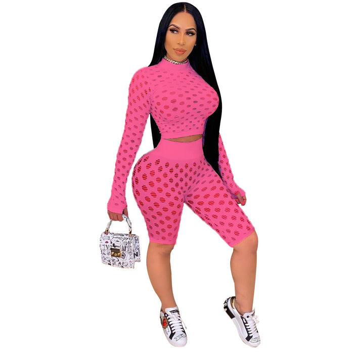 Color-Women Nightclub Stretch Tight Eye Mesh Long Sleeve Shorts Two-Piece Suit-Fancey Boutique