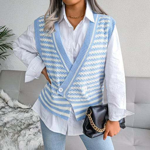 Color-Stripe College Knitted Vest Sweater Women Clothing-Fancey Boutique