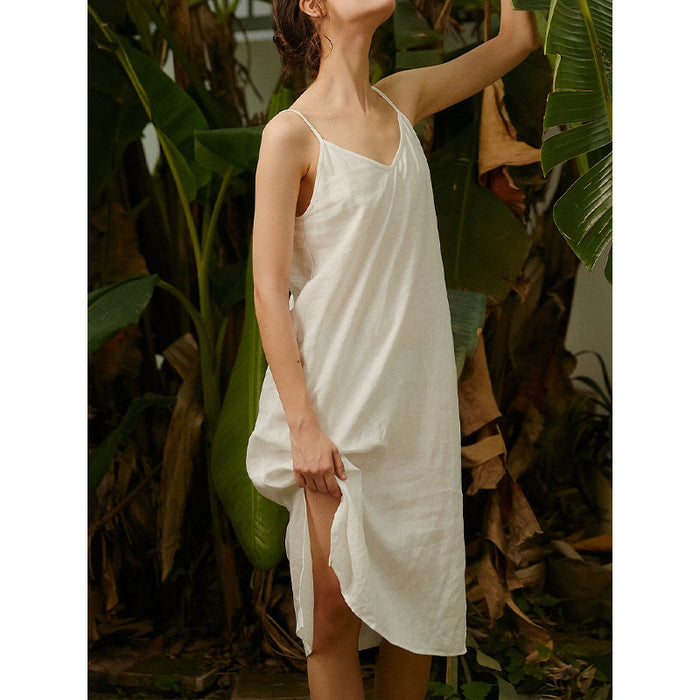 Color-Pure Linen Slip Dress Simple Inner Wear Dress Niche Vacation Cotton Linen Home Nightdress Vest Dress-Fancey Boutique