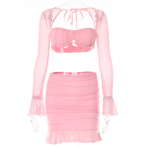 Color-Pink-Sexy Tube Top Two Piece Set for Women Autumn Fashionable See through Voile Tied Long Sleeves Dress Outfit-Fancey Boutique