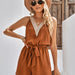 Color-Brown-Spring Summer Women Clothing Casual Lace V neck Sleeveless Belt Romper-Fancey Boutique