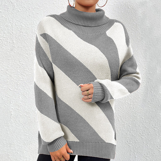 Color-Autumn Winter Turtleneck Pullover Contrast Color Diagonal Striped Knitted Bottoming Shirt Women-Fancey Boutique