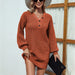 Color-Rust Red-Solid Color V Neck Button Mid Length Sweater Dress Women Autumn Winter Lantern Sleeve Sweater-Fancey Boutique