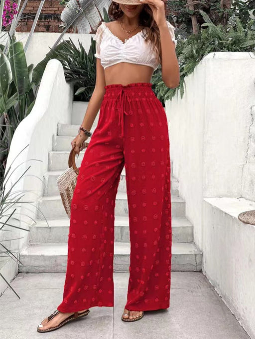 Color-Red-Casual Micro Elastic Loose Smocking High Waist Jacquard Casual Pants Wide Leg Pants Trousers for Women-Fancey Boutique