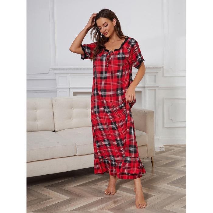 Color-Nightdress Women Short Sleeved Red Plaid Home Pajamas Women-Fancey Boutique