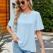 Color-skyblue-Summer Women Clothing Ice Silk Zou Folding Bell Sleeve round Neck Top-Fancey Boutique