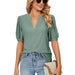 Color-Dark Green-Summer Casual V Neck Solid Color Hollow Out Cutout Puff Sleeve Loose Fitting T Shirt Top Women-Fancey Boutique