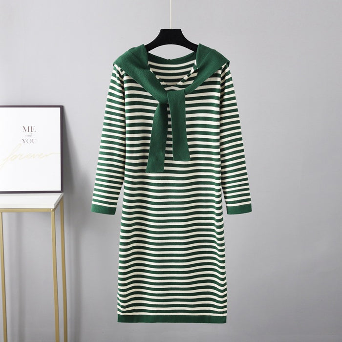 Color-Autumn Winter Striped Slimming Long Sweater Shawl Western Sweater Women Dress-Fancey Boutique