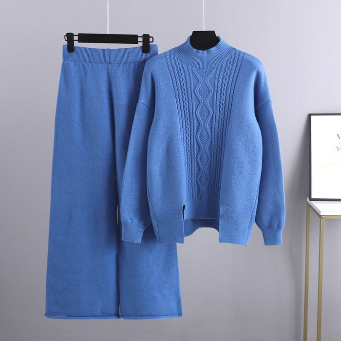 Color-Blue-Autumn Winter Slimming Knitted Suit Women Thickened Loose Turtleneck Sweater Wide Leg Pants Two Piece Suit-Fancey Boutique