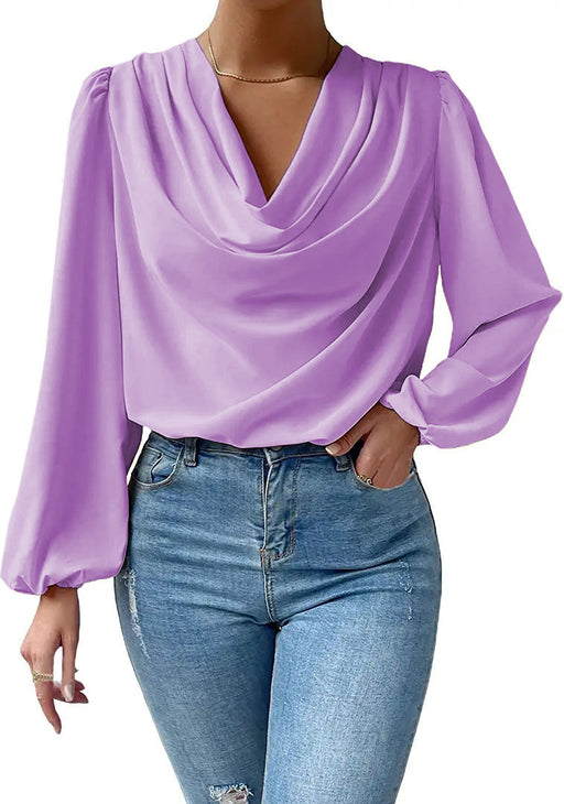 Color-Purple-Long Sleeved Shirt Loose Draped V neck Top T shirt Women Clothing-Fancey Boutique