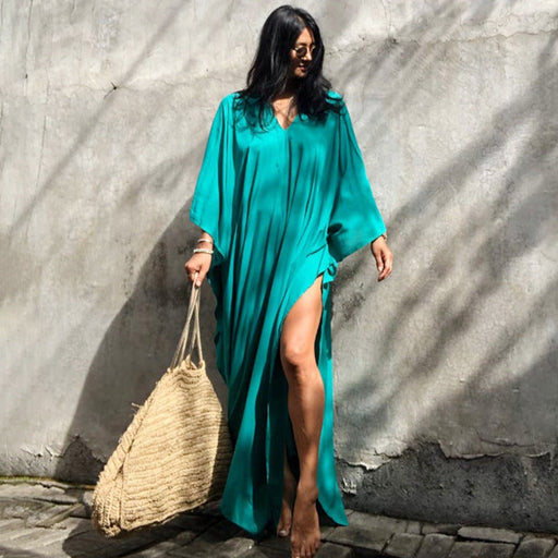 Color-Blue-Green-Rayon Solid Color Blouse Seaside Vacation Dress Loose Overclothes Bikini Swimsuit Robe Outer Wear Women-Fancey Boutique