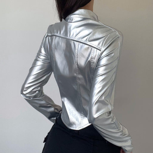 Color-Hipster Reflective Leather Jacket Stand Collar Irregular Asymmetric Hem Short Cropped-Exposed Sexy Faux Leather Jacket Top-Fancey Boutique