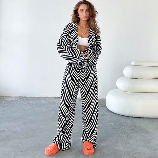 Color-Fall Set Loose Black White Striped Shirt Trousers Two Piece Set Women Clothing-Fancey Boutique