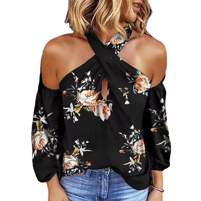 Color-Summer Printed Long Sleeve Halter Sexy Backless Loose Top Women-Fancey Boutique