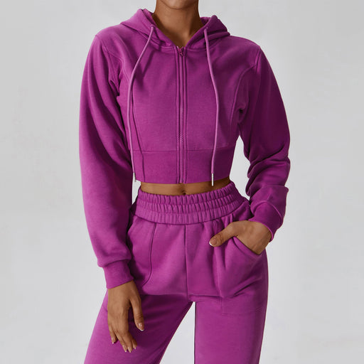 Color-Prune Purple-Casual Loose Long Sleeve Sweatershirt Coat Women Zipper Fleece Lined Warm Hooded Fitness Sports Sweater-Fancey Boutique