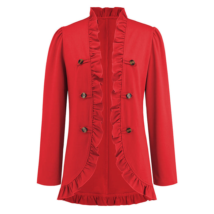 Color-Red-Women Ruffled Cardigan Button Small Coat Autumn Winter Long Sleeve Short-Fancey Boutique