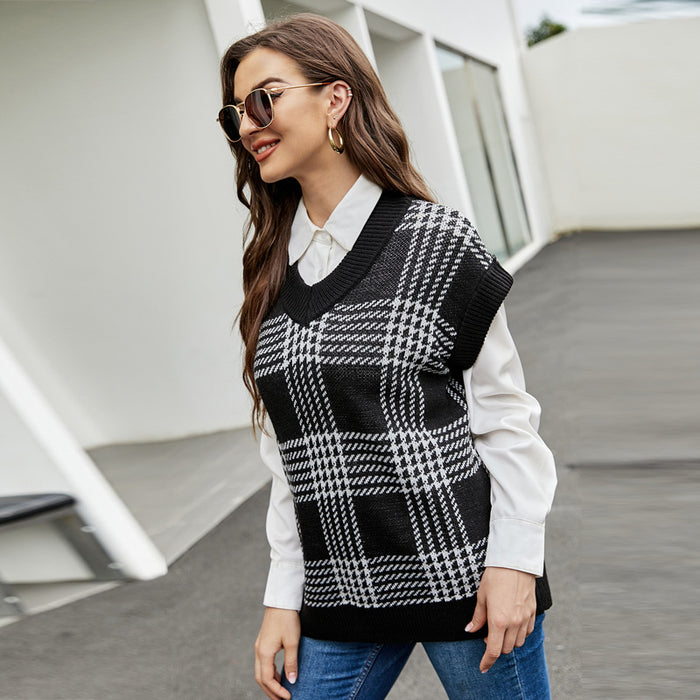 Color-Women Clothing Autumn Winter Casual Loose V-neck Sleeveless Knitted Vest Plaid Knitted Vest Sweater-Fancey Boutique