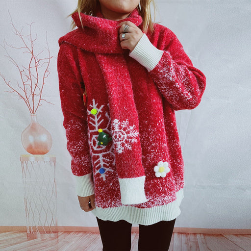 Color-Round Neck Long Sleeve Snowflake Christmas Theme Three Dimensional Decoration Christmas Sweater Scarf Two Piece Set-Fancey Boutique