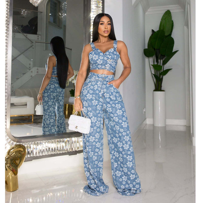 Color-Autumn Winter Women Clothing Denim Jacquard Suit Nightclub Wrapped Top Wide Leg Pants Suit-Fancey Boutique