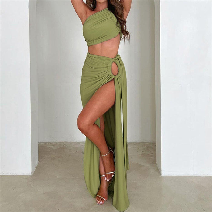 Color-Autumn Winter Women Clothing Sexy Oblique Shoulder Backless Vest Slim Fit Slit Skirt Set Women-Fancey Boutique