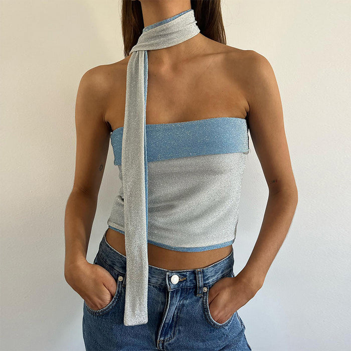 Color-Summer Trends Women Off Shoulder Slim Fit Cropped Colorblock All Matching Vest-Fancey Boutique