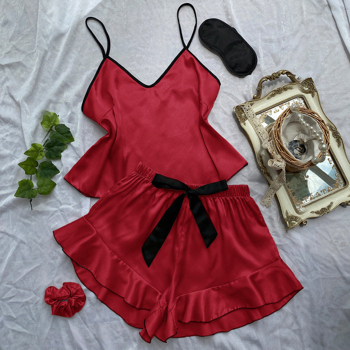 Color-Red-Sexy Sling Dress Home Wear Women Summer Vest Shorts Set Home Silk Ice Silk Pajamas-Fancey Boutique