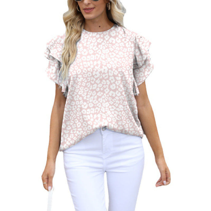 Color-Pink Floral-Women Summer round Neck Printed Ruffled Short Sleeves Chiffon Shirt Floral Pullover T shirt-Fancey Boutique