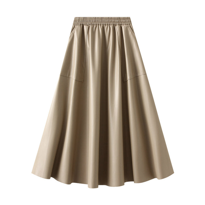 Color-Retro Large Pocket Leather Skirt Women Autumn High Waist Slimming Large Hem Umbrella Skirt-Fancey Boutique