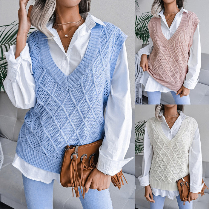 Color-Real shot autumn winter v-neck rhombus Hollow Out Cutout casual knitted sweater vest women clothing-Fancey Boutique