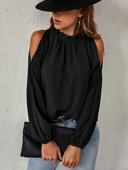 Color-Black-Autumn Winter Women Solid Color Lotus Leaf Round Neck Long Sleeve Pleated Off Shoulder Blouse-Fancey Boutique