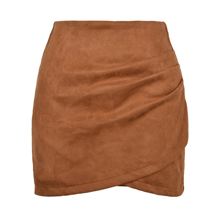 Color-Khaki-Suede Solid Skirt Autumn Winter Heap Pleated Criss Cross Irregular Asymmetric Zipper Skirt Women Clothing-Fancey Boutique