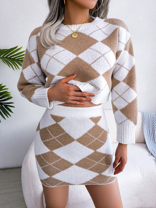 Color-Autumn Winter Hit Color Diamond Lattice cropped Sweater Bag Hip Skirt Casual Suit Women Clothing-Fancey Boutique