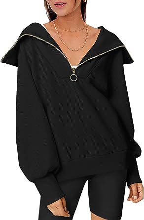 Color-Black-Women Clothing Autumn Winter Oversized Half Zipper Pullover Sweater Hoodie Top-Fancey Boutique