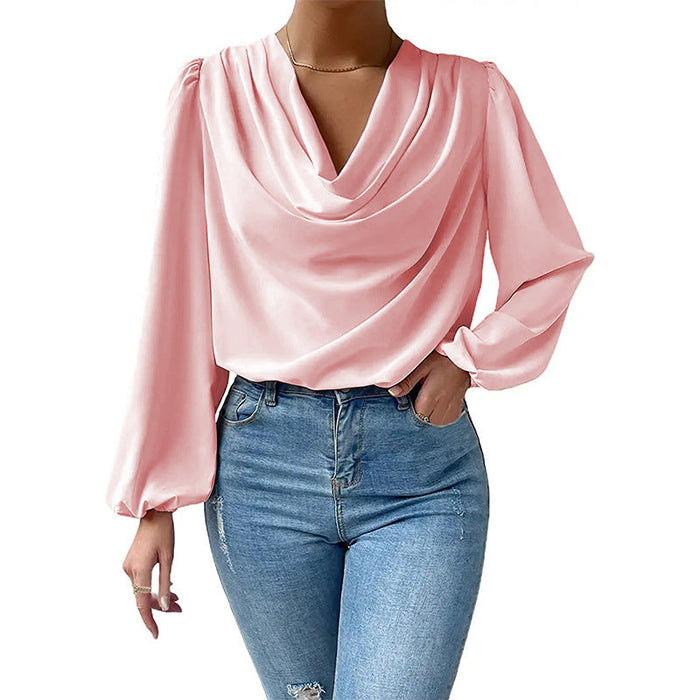 Color-Pink-Long Sleeved Shirt Loose Draped V neck Top T shirt Women Clothing-Fancey Boutique