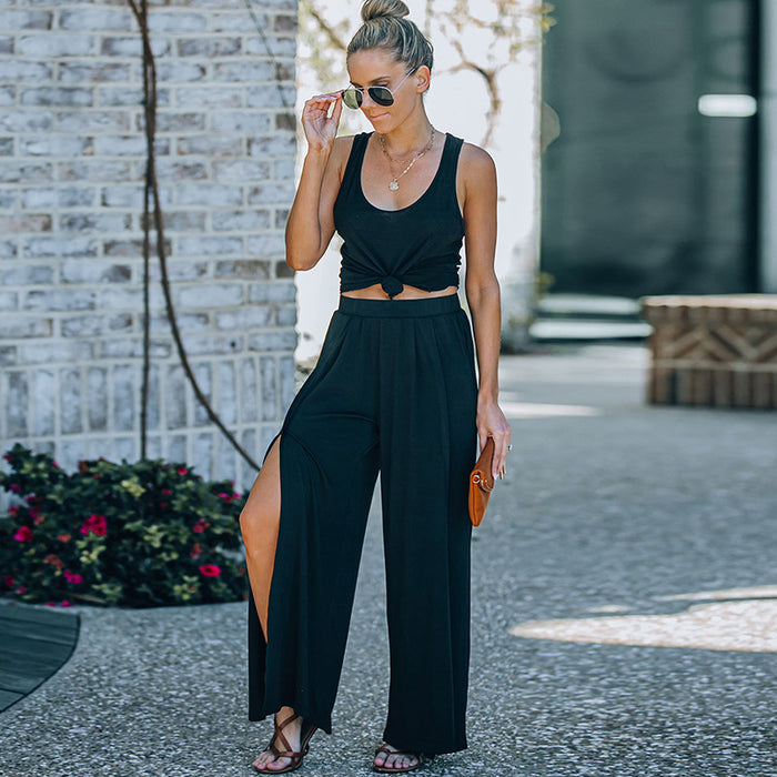 Color-Solid Color All Matching Slit Casual Pants Summer Women High Waist Wide Leg Pants All Matching Trousers-Fancey Boutique