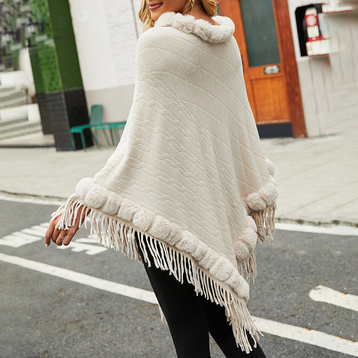 Color-Women Clothing Autumn Winter Fur Collar Solid Color Knitted Cape Shawl-Fancey Boutique
