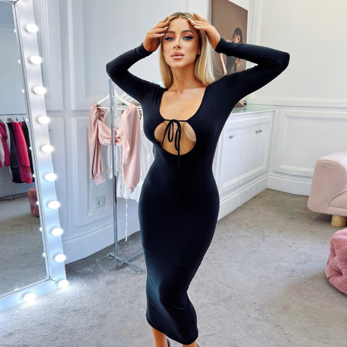 Color-Women Sexy Long Sleeve Hollow Out Cutout Backless Tied Slim Fit Pure Sexy Dress for Women-Fancey Boutique