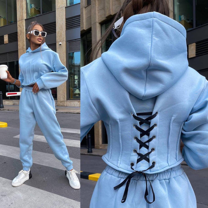 Color-Hoodie Set Women Fall Winter Cinched Hoodie Sweater Casual Jogger Pants Two Piece Set-Fancey Boutique