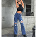 Color-Navy Blue-Women Clothing Casual All Matching Street Ripped Washed Denim Trousers-Fancey Boutique