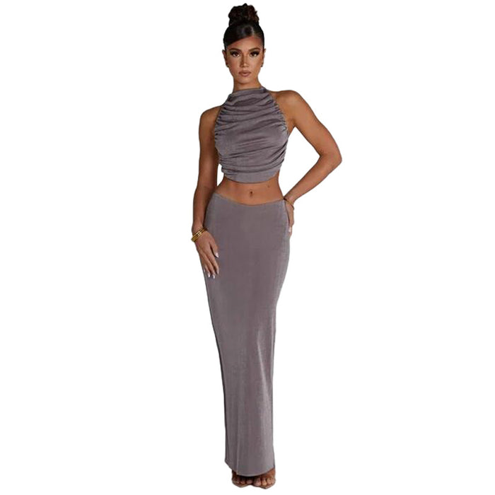 Color-Fall Women Clothing Halter Sexy Backless Vest Slim Fit Sheath Skirt Set Women-Fancey Boutique