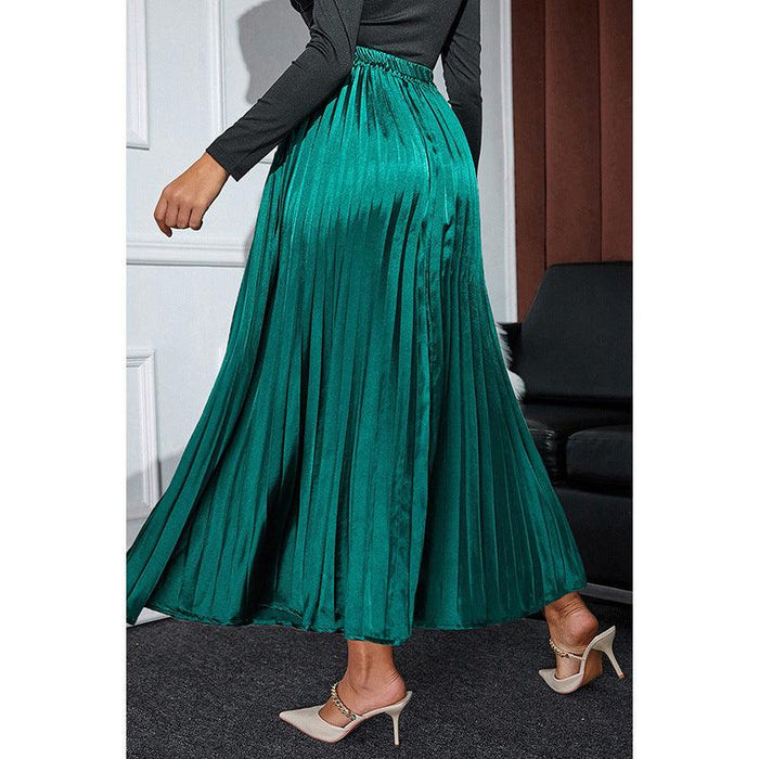 Color-Autumn Winter Solid Color Satin Pleated Long Skirt Women Office High Waist Loose Skirt Women-Fancey Boutique