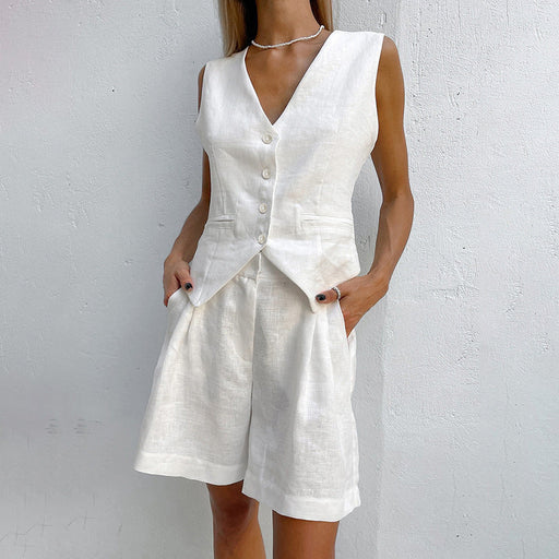 Color-White-Design Cotton Linen Suit Vest Suit Women Summer Casual Sleeveless Tank Top Shorts Two Piece Suit-Fancey Boutique