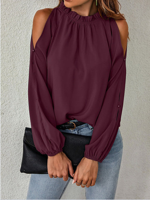 Color-Burgundy-Autumn Winter Women Solid Color Lotus Leaf Round Neck Long Sleeve Pleated Off Shoulder Blouse-Fancey Boutique