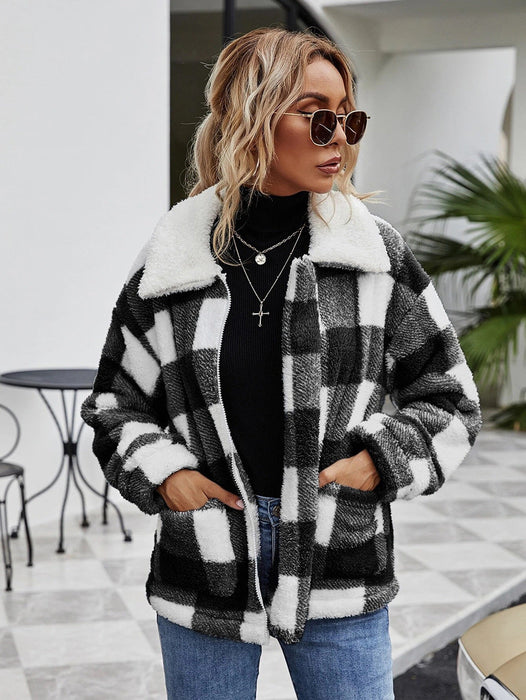 Color-Autumn Winter Zipper Collared Plush Plaid Coat Loose Office Women Outerwear-Fancey Boutique