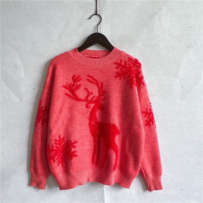 Color-Red-Autumn Winter round Neck Long-Sleeved Christmas Sweater Year Snowflake Deer Jacquard Knitted Pullover-Fancey Boutique