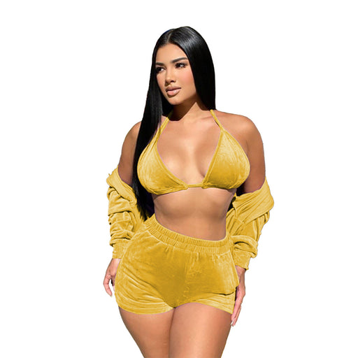 Color-Yellow-Women Clothing Solid Color Vest Cardigan Shorts Sexy Three Piece Suit-Fancey Boutique